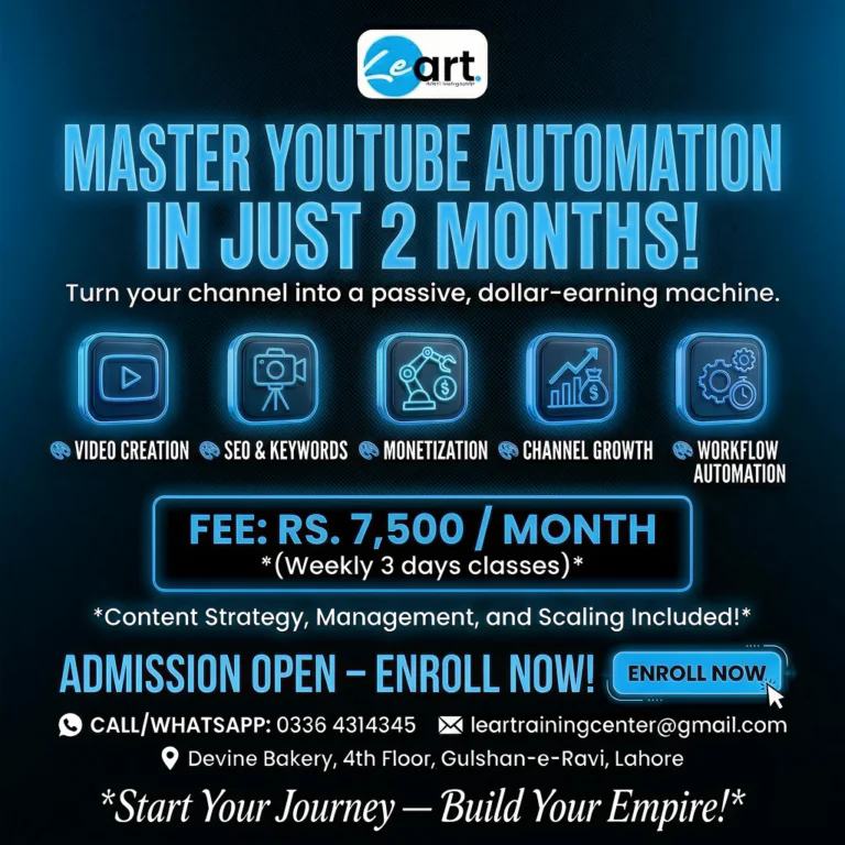  YouTube Automation: Build a Passive Income Stream in Lahore Master YouTube Automation in 60 days. Skip the fluff and build a cash-cow channel with real-world case studies. Join onsite in Lahore or on